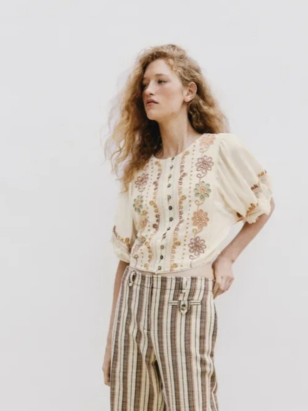 Zara Cream Embroidered Puff-Sleeve Blouse